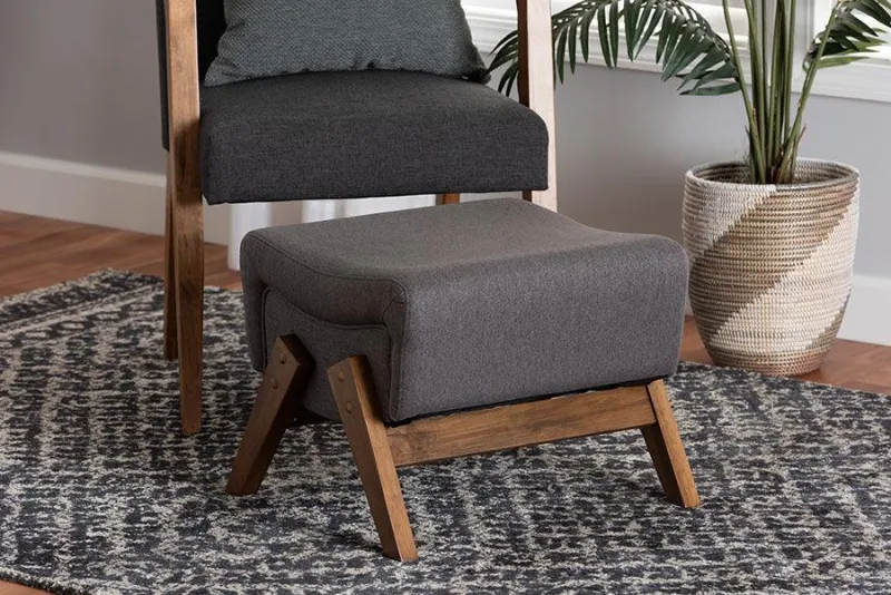 Hanson Mid-Century Modern Dark Grey Fabric and Walnut Espresso Finished Wood Ottoman