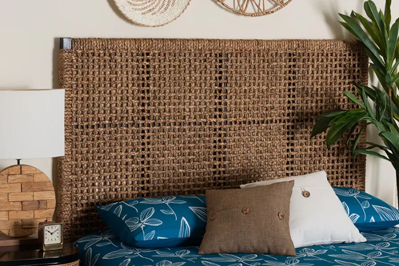 Heavy Duty bali & pari Alise Bohemian Seagrass and Dark Taupe Mahogany Wood Queen Size Headboard
