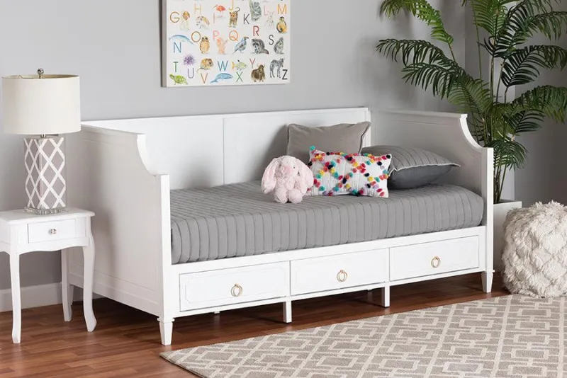 Heavy Duty Lowri Classic and Authentic White Finished Wood Twin Size 3-Drawer Daybed