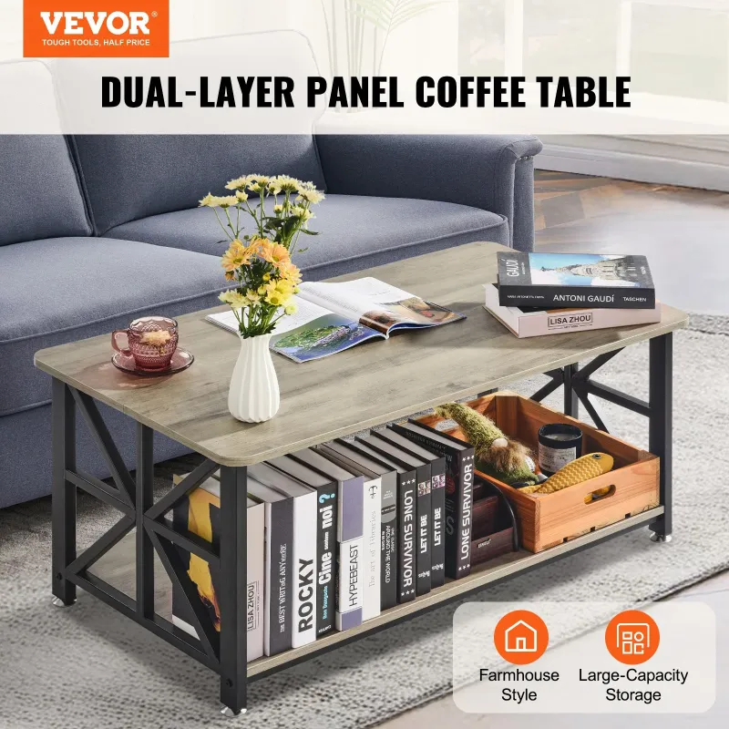 Heavy Duty VEVOR Table basse de salon rectangulaire rangement ouvert 1000 mm marron et noir