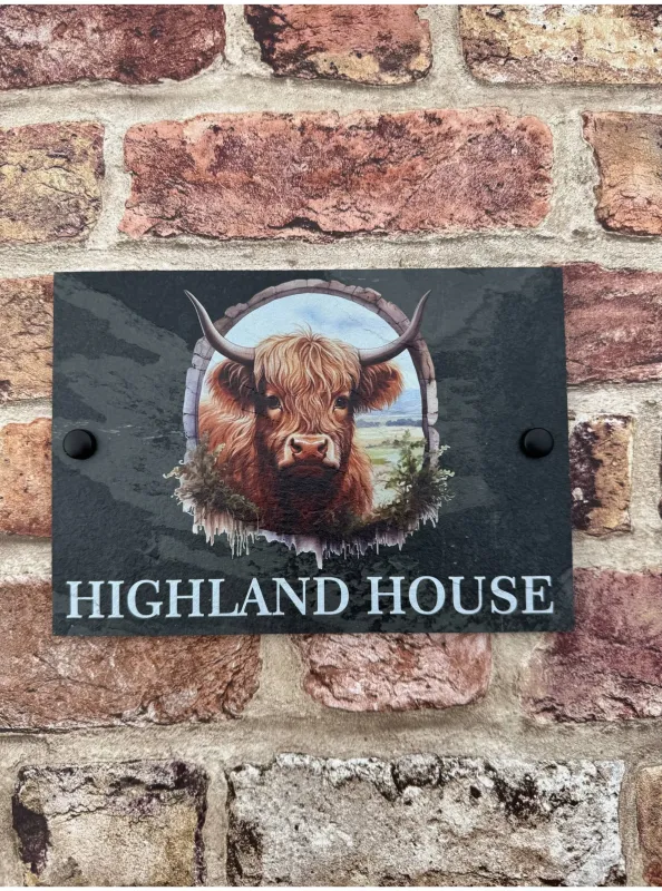 Highland cow slate house sign Easy Installation