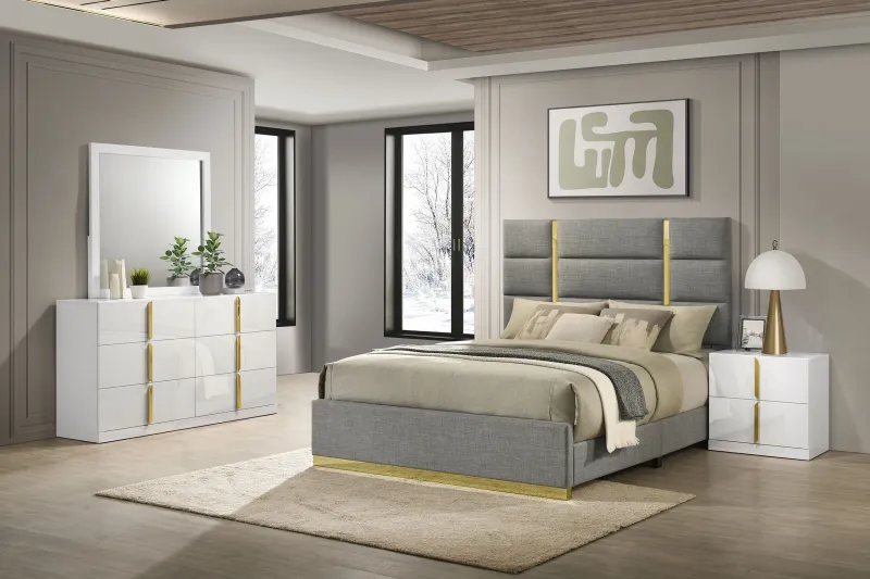 Ines 4-piece Eastern King Bedroom Place Grey and White High Gloss