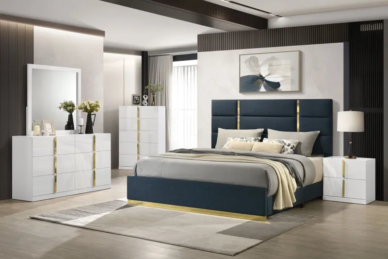Ines 5-piece Queen Bedroom Adjust Navy and White High Gloss