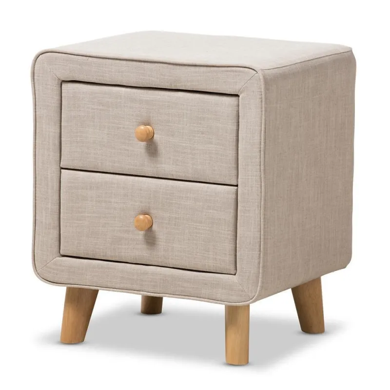 Jonesy Mid-Century Beige Flax Upholstered 2-Drawer Nightstand