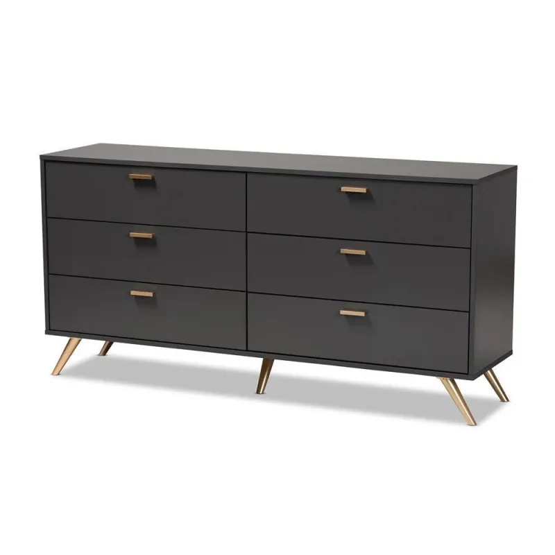 Kelson Modern and Contemporary Dark Grey and Amber Finished Wood 6-Drawer Dresser