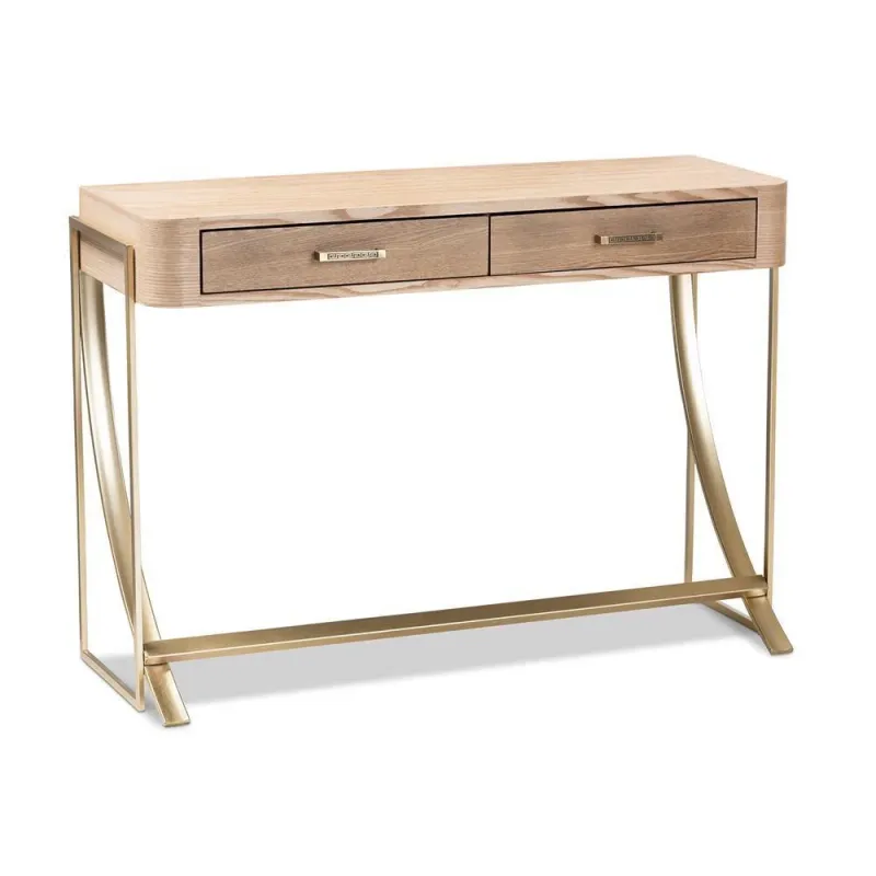 Lafoy Modern and Contemporary Unadulterated Brown Finished Wood and Gold Finished 2-Drawer Console Table