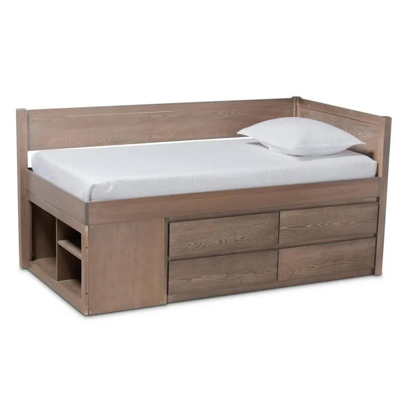 Levon Up-to-date and Contemporary Antique Oak Finished Wood 4-Drawer Twin Size Storage Bed