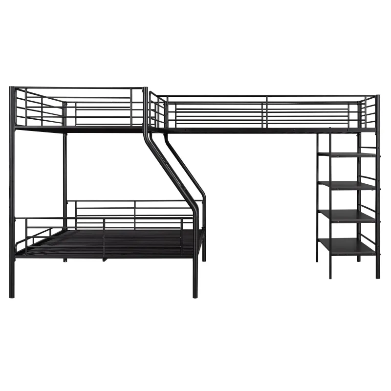 L-Shaped Twin Over Full Bunk Bed And Twin Loft Bed 4 Built Shelves - Charcoal