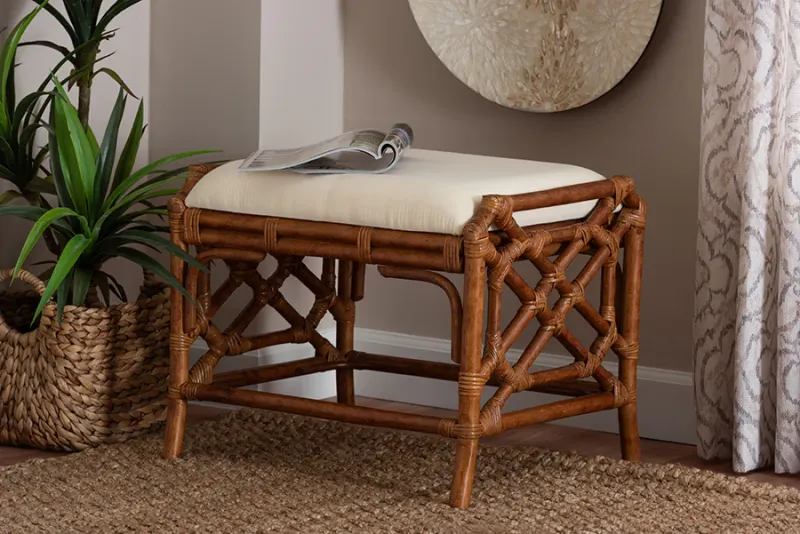 Magnetic bali & pari Morley Marbled Tortoise Genuine Rattan Ottoman - Handcrafted Accent Footstool Decorative Frame, Coast...