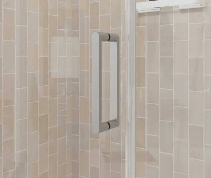 Manhattan 55-57 x 68 . 6 mm Pivot Shower Door Alcove Installation Glass-like glass & Round Handle Brushed Nickel