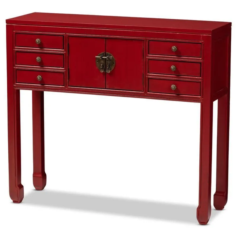 Melodie Vintage and Antique Red Finished Wood Bronze Finished Accents 6-Drawer Console Table