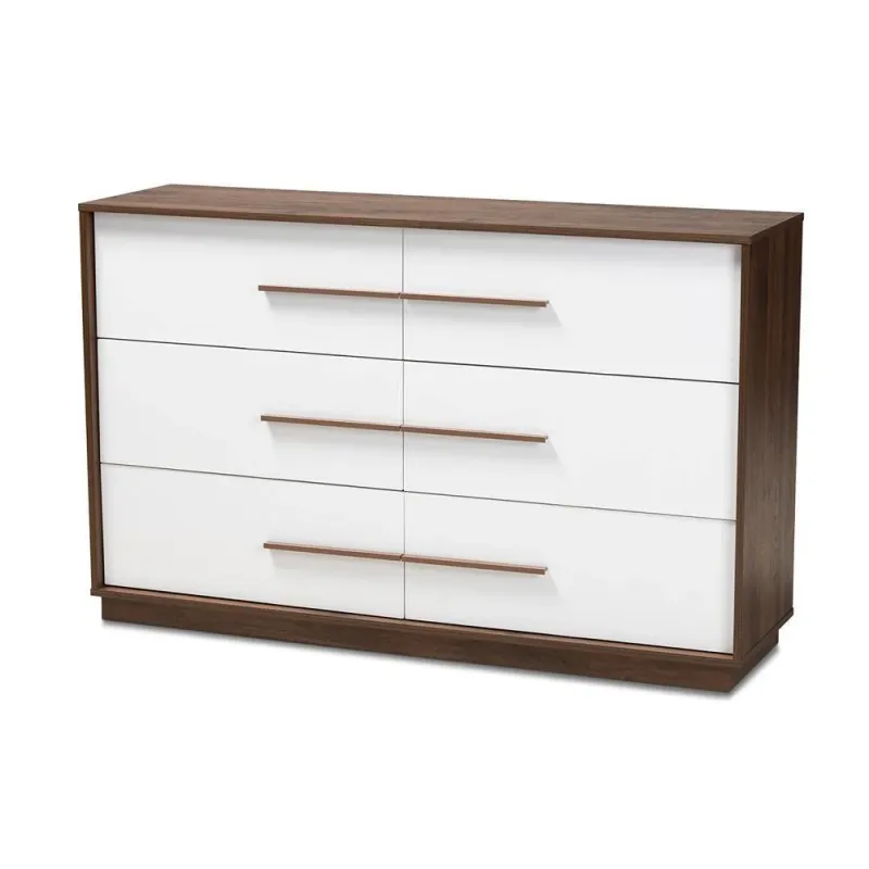 Mette Mid-Century Cutting-edge White and Walnut Finished 6-Drawer Wood Dresser