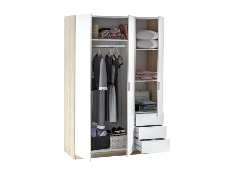 Meublita 3-door, 3-drawer wardrobe, W121 x H180 cm - Pearl and wood
