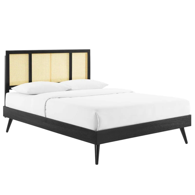 Modway Kelsea Cane and Wood Complete Platform Bed Splayed Legs