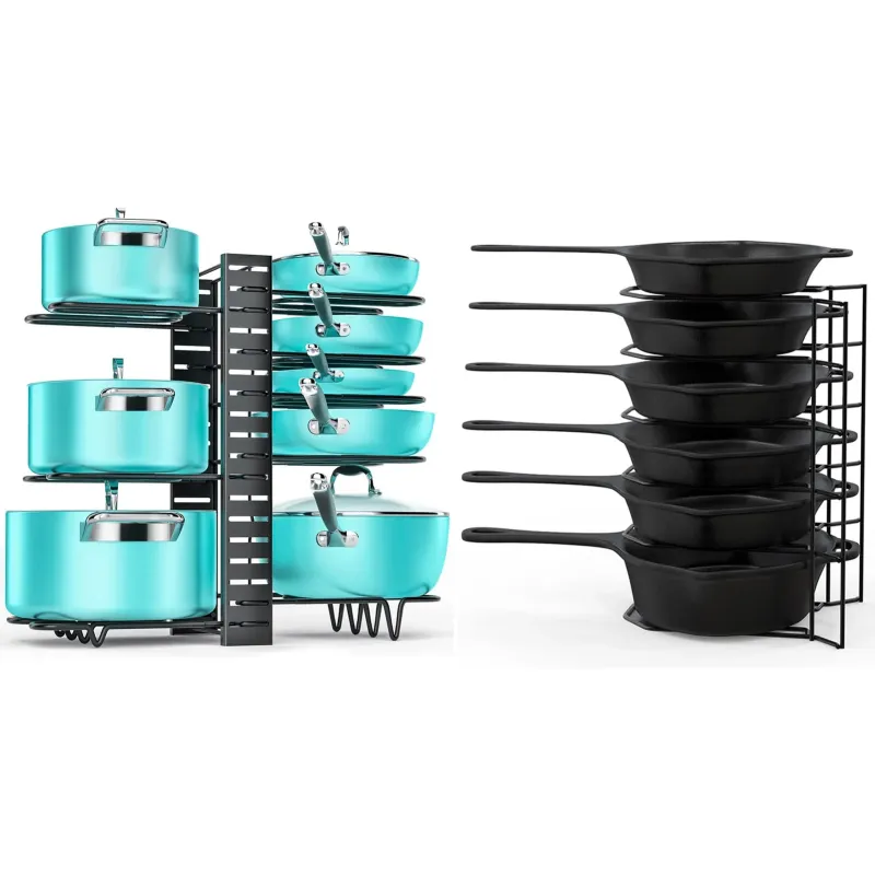 MUDEELA 8 Tiers Pots and Pans Organizer and 6 Tiers Robust Duty Pan Organizer Bundle