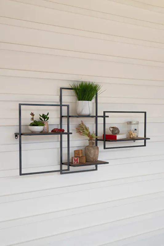 Multi level wood and metallic wall shelf
