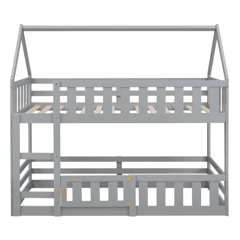 Multi-Function Twin Over Twin House Bunk Bed Fence And Door