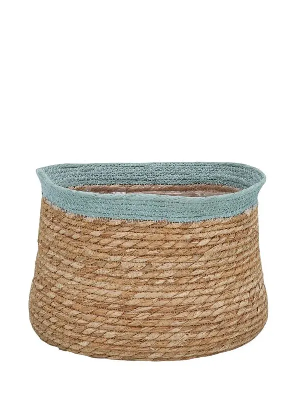 Navy Trim Natural Woven Lined Tub Basket Large