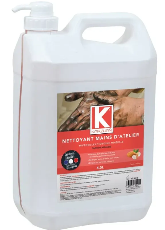 Nettoyant mains d'atelier Karzhan rouge parfum amande 4,5L avec pompe