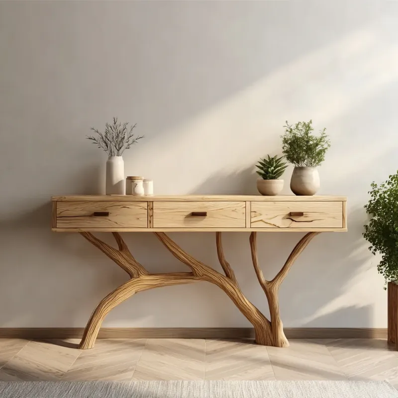 Organic Cutting-edge Console Table – Live Edge Style Wood Table Tree Branch Base