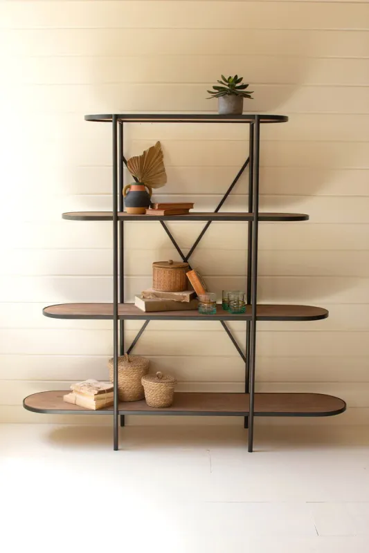 Oval wood & all-metal four-tiered display shelf