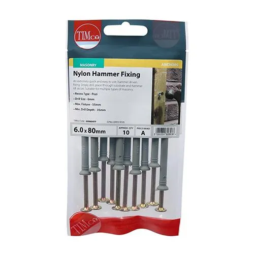 Pack 910) 6.0 X 80 Timco Polyamide Hammer Fixing