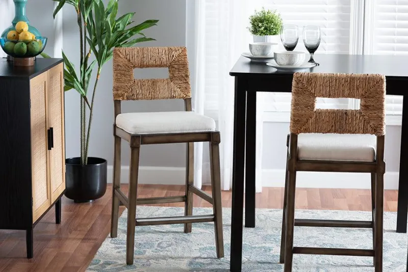 Porsha Minimalist Bohemian Dark Brown Finished Mahogany Wood and Natural Rattan Counter Stool