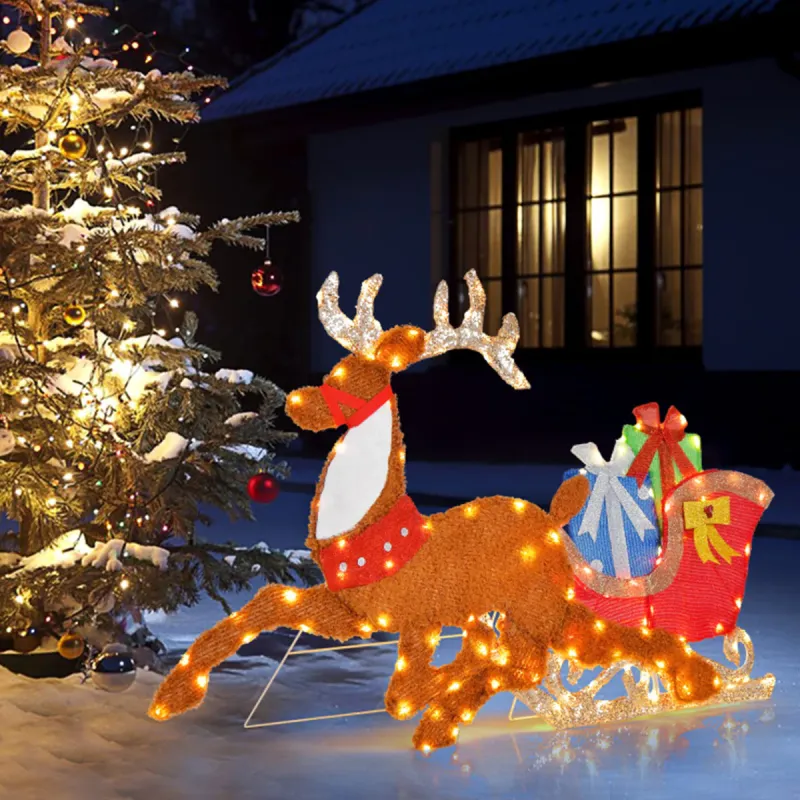 2D Pre-Lit Christmas Reindeer and Sleigh Decoration Made USA