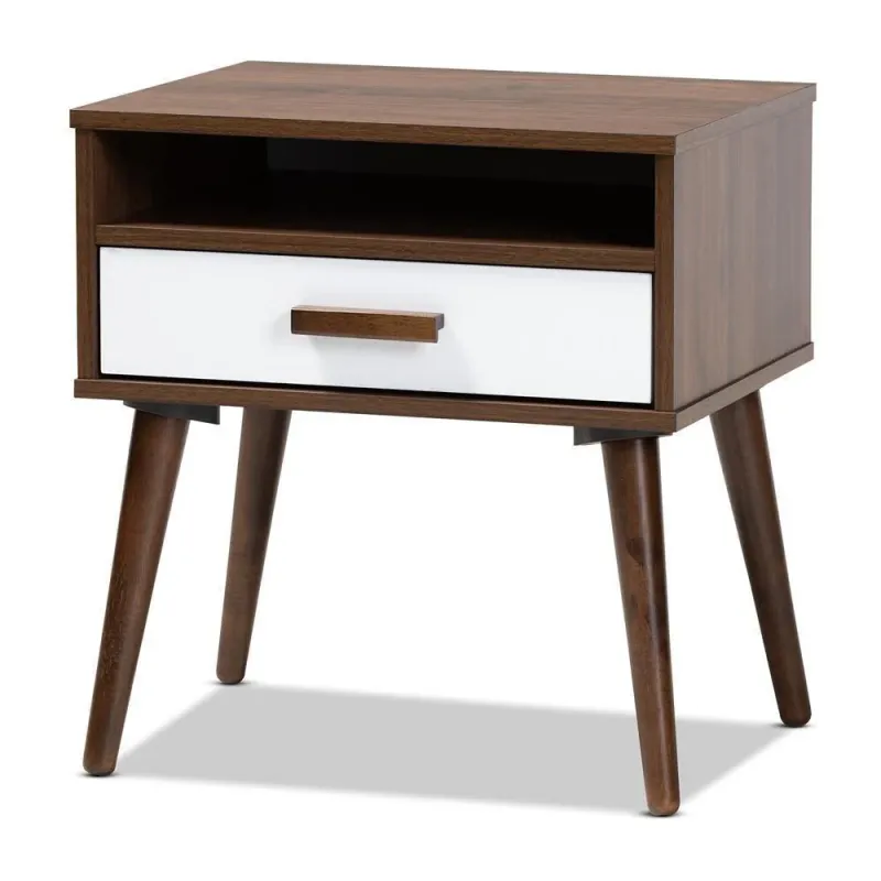 Quinn Mid-Century Modern Two-Tone Ivory and Walnut Finished 1-Drawer Wood End Table