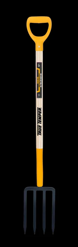 Real Temper Spading Fork, 4 Tine Forged, D-Grip On Hardwood Handle