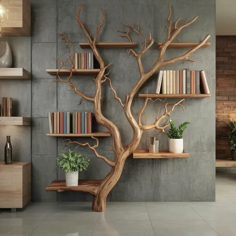 RootCraft Tree Bookshelf | Artisanal Driftwood Wall Mounted Bookcase