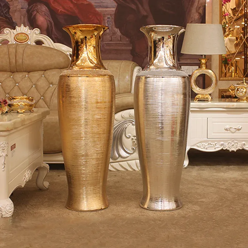 Safety Certified Afralia™ European Luxury Stoneware Floor Vase Golden & Silver Elegant Home Decor