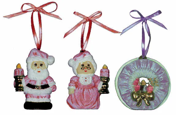 Safety Rated #1532 3 Ornaments - Mr & Mrs Santa & Wreath Ornaments 3" each