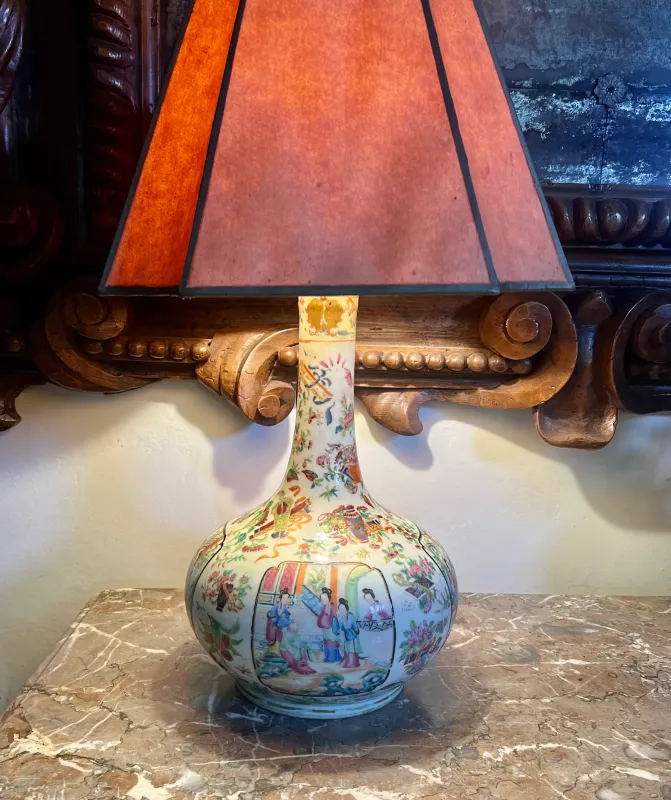 Safety Rated 19th century Canton Enamel Famille Rose bottle vase converted to lamp base. Circa 1860