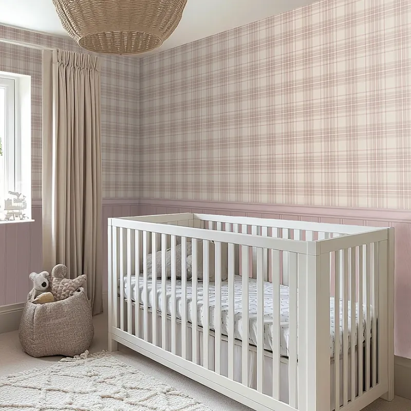 Sample Classic Check Panel Wallpaper Cream and Pink Pink Panel