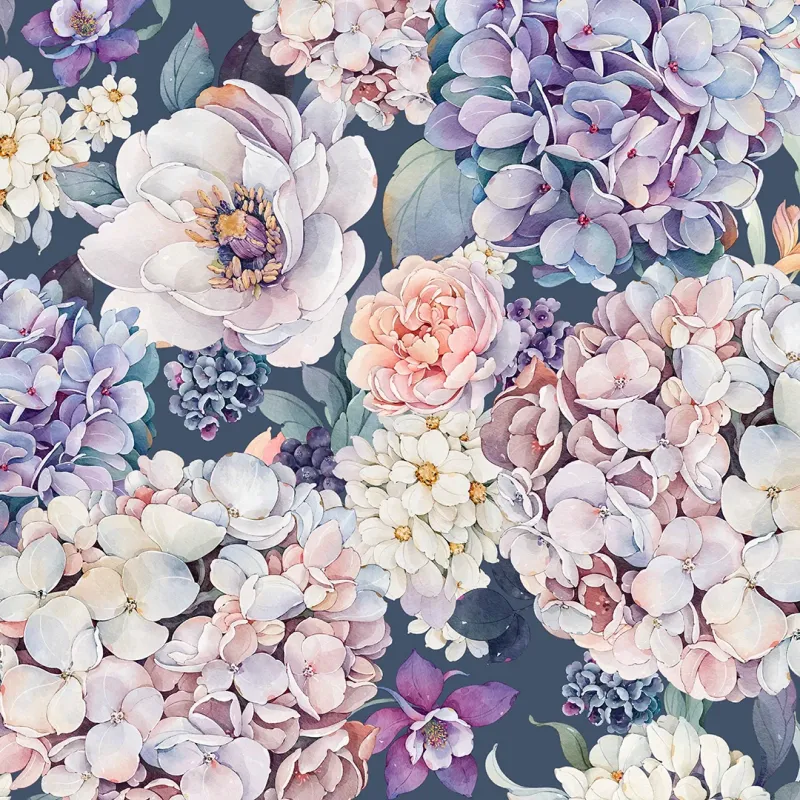 Sample Hydrangea Bouquet Wallpaper Yielding Pastels on Navy