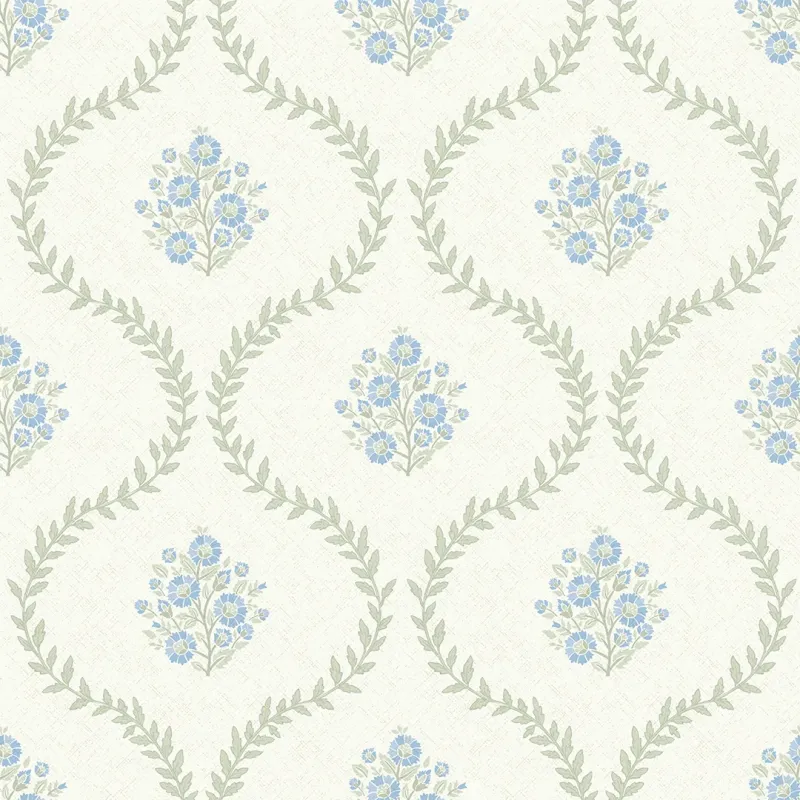 Sample Posy Trellis Wallpaper Azure and Sage on Cream