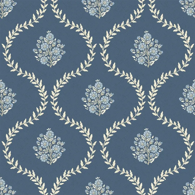 Sample Posy Trellis Wallpaper Cream on Sapphire