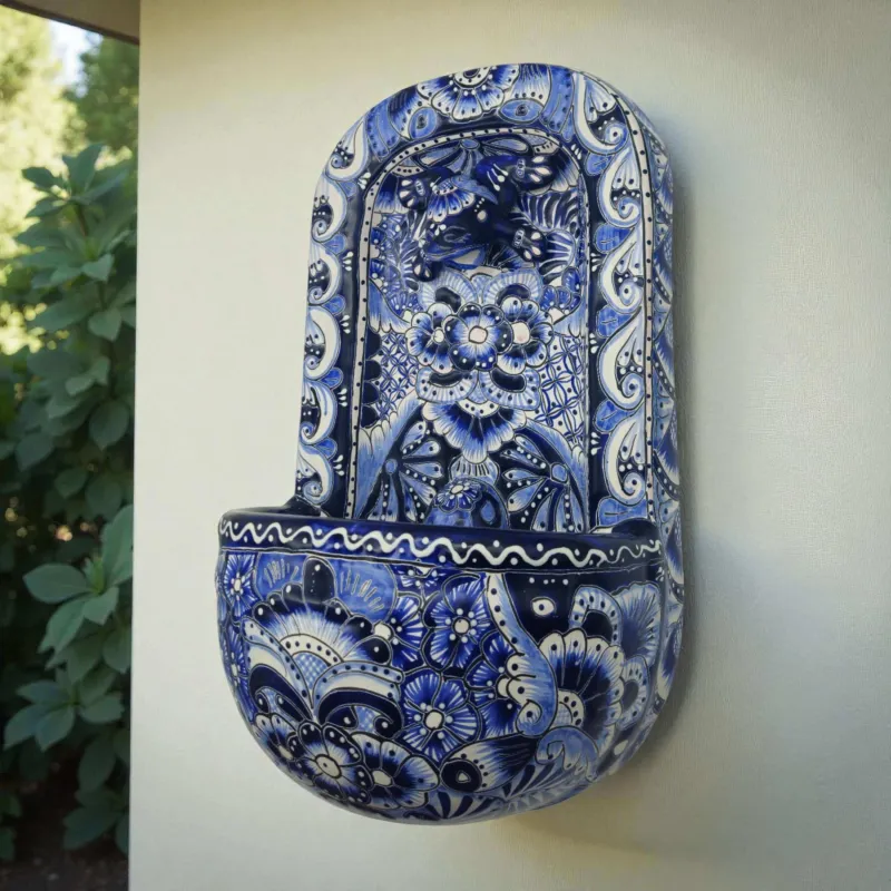 Sapphire & White Talavera Wall Fountain | Handcrafted Mexican Ceramic