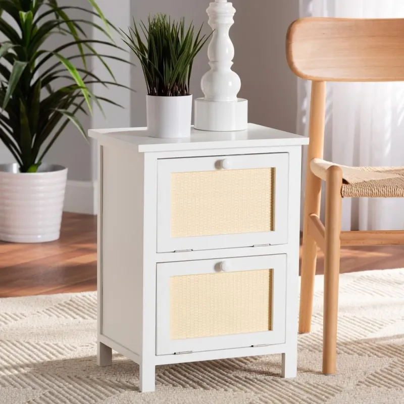 Sariah Mid-Century Present-day White Finished Wood and Rattan 2-Door Nightstand