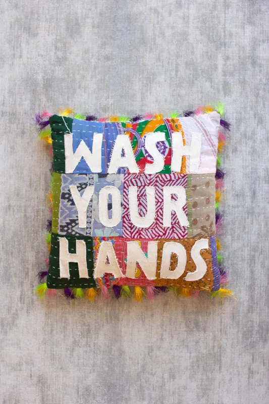 Scrub your hands kantha pillow