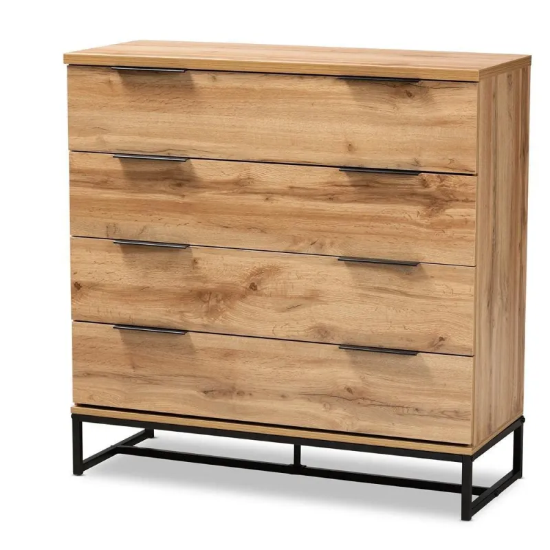 Stud Finder Reid Modern and Contemporary Industrial Oak Finished Wood and Jet-black Metal 4-Drawer Dresser