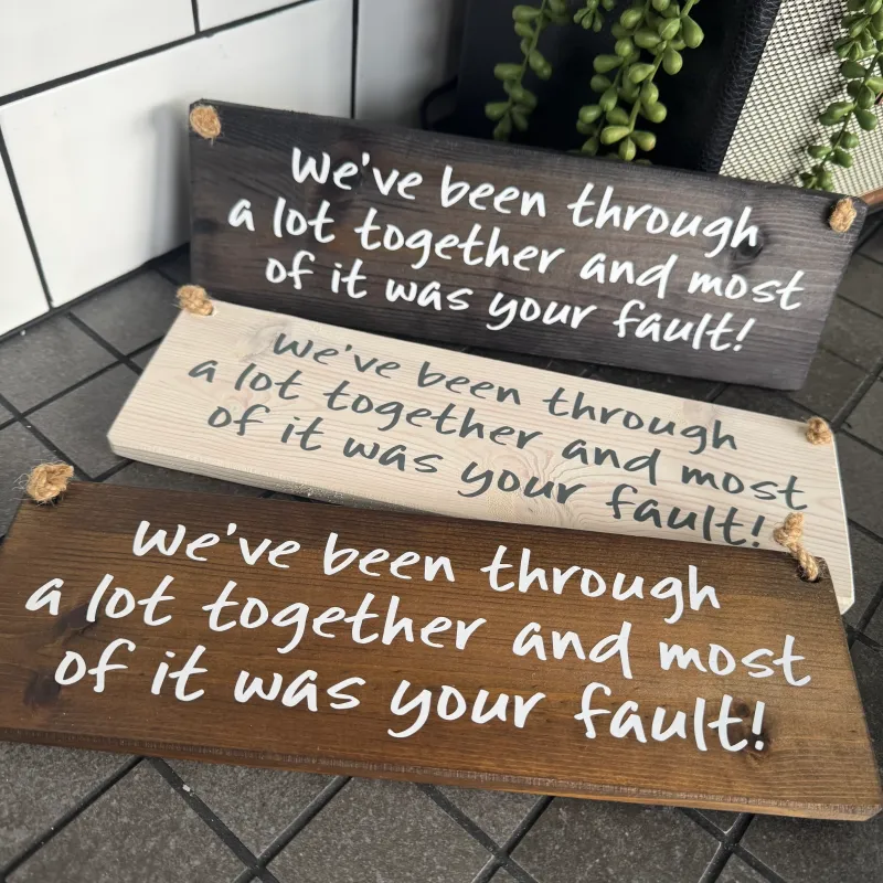 Timber Hanging Sign - "We've been through lot & most it was your fault!"j