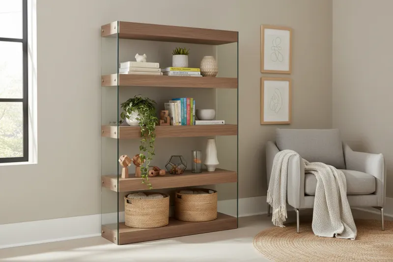 Timber shelves and tempered glass sides