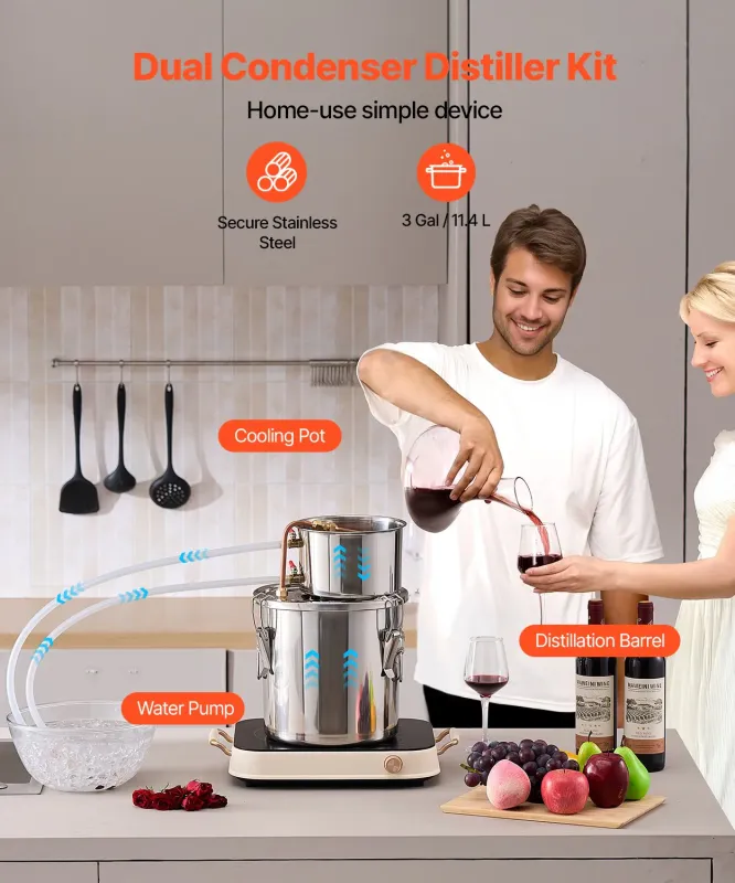 VEVOR Distillateur Alambic Distillateur d'Eau et d'Alcool Inox 11,4 L Brassage Quick-Release