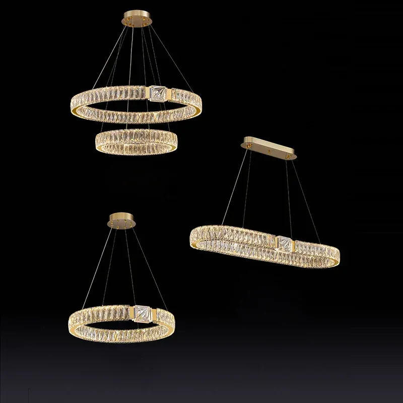 Afralia™ Crystal Block Gold Ring Pendant Light - Posh Dimmable Ceiling Decor