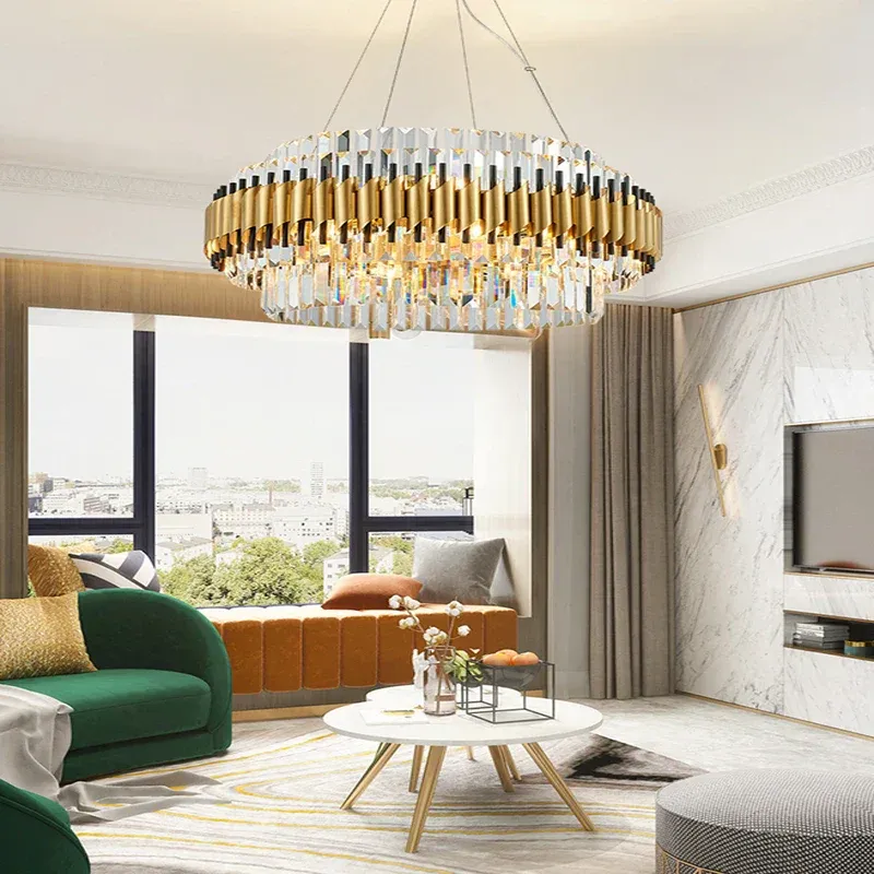 Afralia™ Golden Crystal Chandelier LED Ceiling Pendant Light - Luxurious Living Room Decor