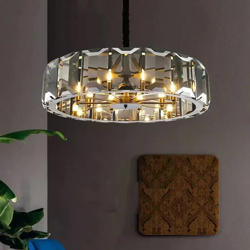 Afralia™ Smoke Grey LED Pendant Portable Living Room - Amber Crystal Lustre Chandelier