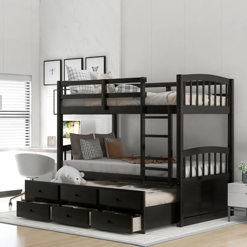 Twin Over Twin Wood Bunk Bed Trundle And Drawers - Espresso