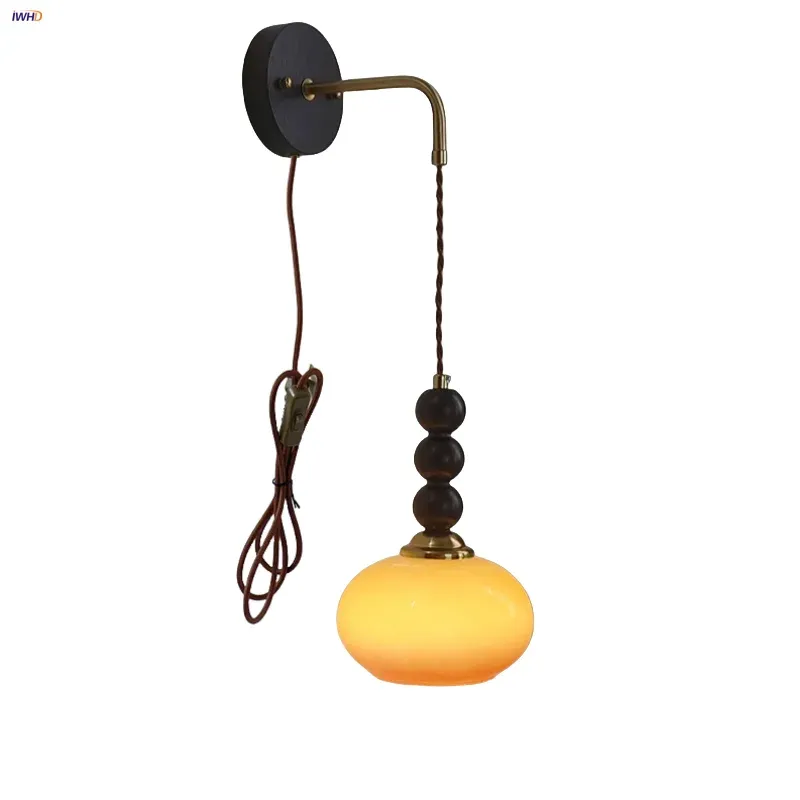 Afralia™ Vintage Wood Ball LED Wall Sconce Amber Glass Wall Airy Fixture | Damp Rated | LED